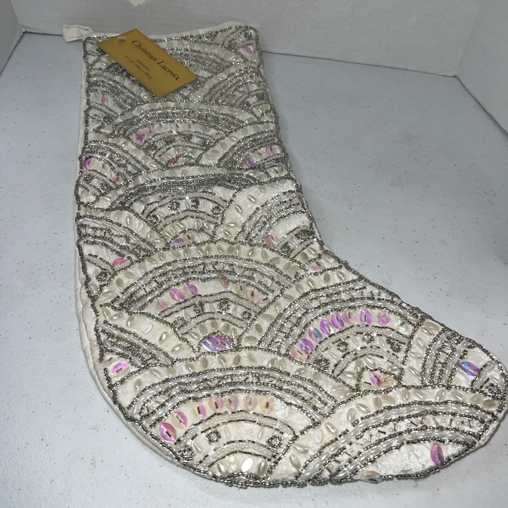 CHRISTIAN LACROIX Luxury Beaded Christmas Stocking Silver Holiday 22" Winter